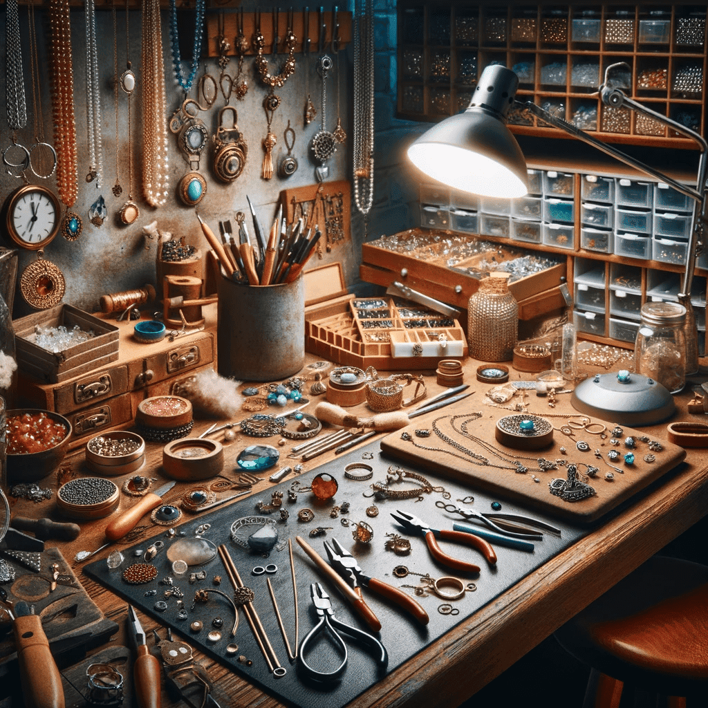 Artisan's jewelry making studio, showcasing a variety of tools and materials used in the craft. used in the3 article, 7 Profitable Retirement Hobbies for Couples.