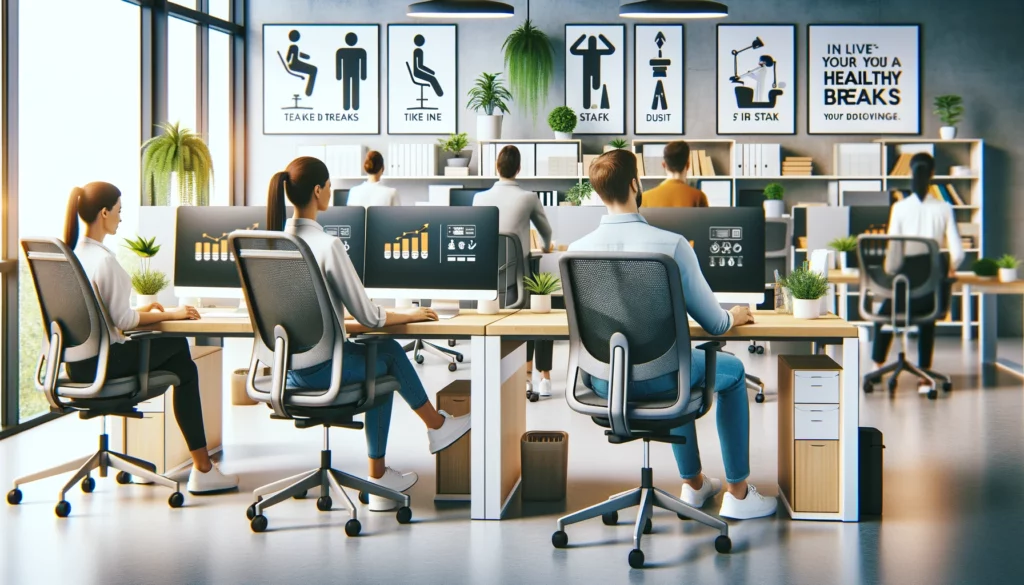 An office setting with people at computer stations and health and safety signs on the wall facing the workers. used in the article How to Steer Clear of Costly Business Blunders.