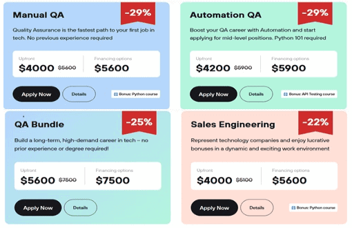 4 deals offered by Careerist. Manual QA, Automation QA, QA Bundle, and Sales Engineering. Used in the article: How to break into tech with no experience. 