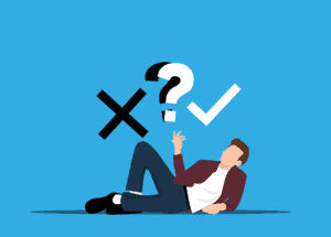 An illustration of a person who cannot make his mind up The illustration shows a man lying down with an arm extended towards an No symbol, A question symbol and a positive symbol. Used in the article: how to break into tech without experience. 
