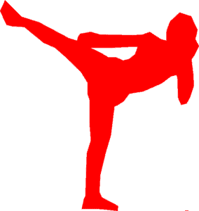 A red silhouette of a kickboxer. Used in the article How to Excel in Tech Sales Engineering. From Novice to Ninja.
