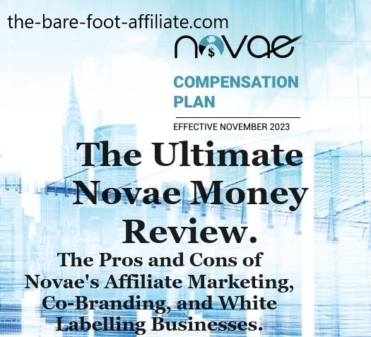 Light blue background of Novae's PDF compensation plan booklet with The Ultimate Novae Money Review written in black text across the image. 